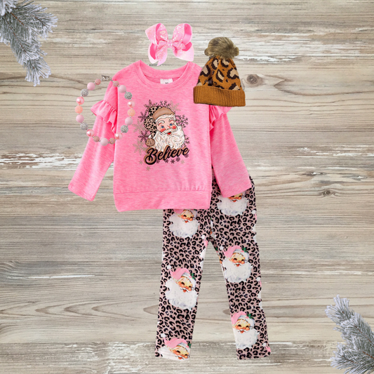 pink christmas, belive, girls pink christmas outfit, pink christmas clothes, pink cheetah christmas, santa kids clothes, vintage santa girls pink outfit, kids online boutique