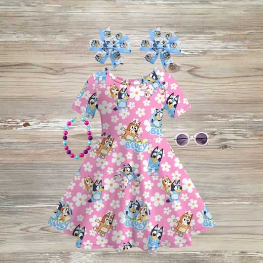 bluey cartoon girls dress bluey kids dress, bluey and friends dress for girls , Girls pink Bluey character dress with floral print, matching character hair bows, pink and purple beaded bracelet, and round white sunglasses – perfect toddler outfit for playdates or themed parties"