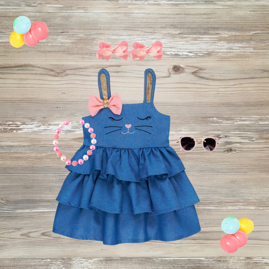 bunny dress, bunny easter dress, denim easter dress, bunny ear dress, girls bunny layered tiered dress, bunny with pink bow, sequin easter dress