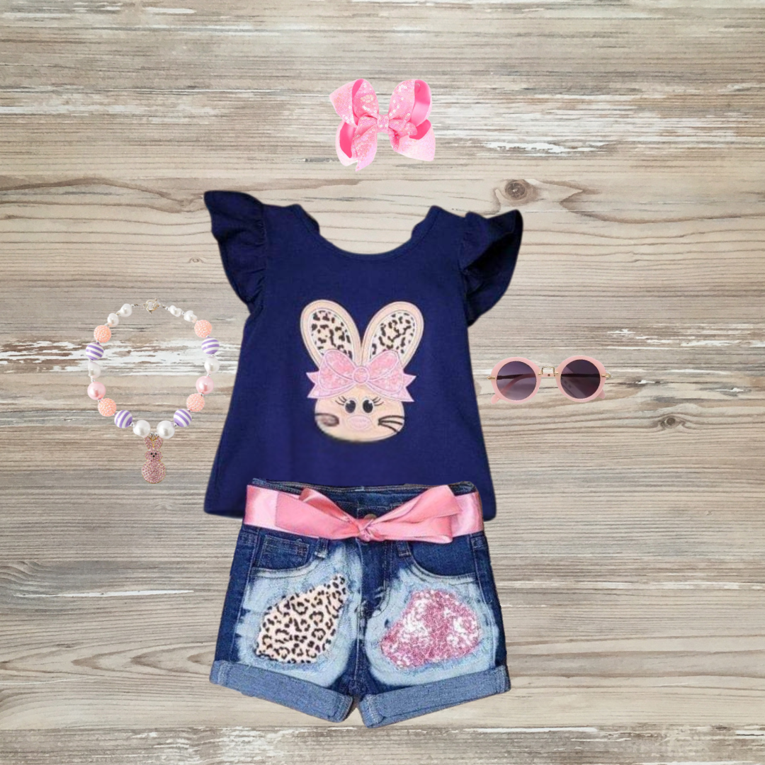 easter outfit, girls easter outfit, kids easter shorts set, pink sequin and leopard print easter short set, kids boutique easter outfits, denim easter outfits