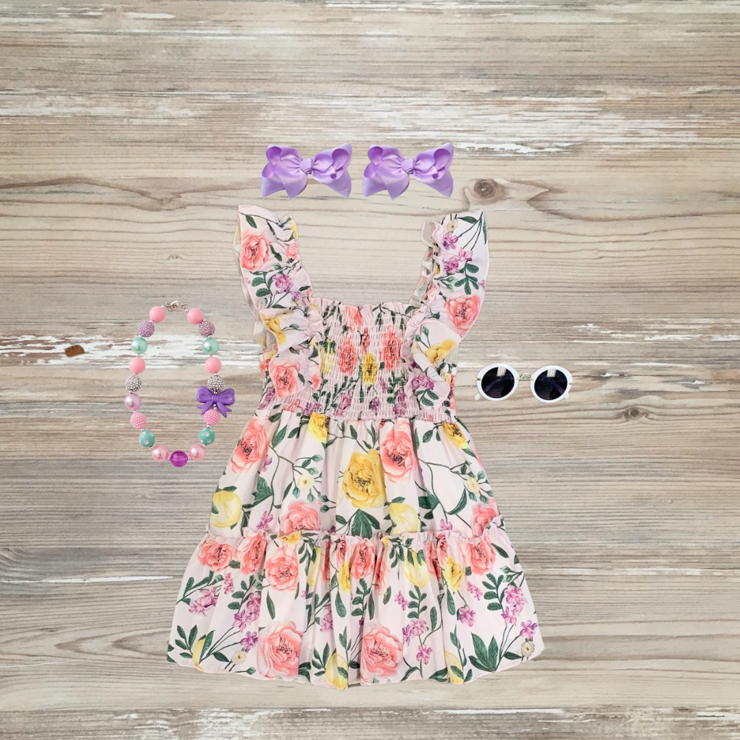 faith floral chiffon pastel dress, girls spring dress, kids boutique smoked dress, spring dress for kids, summer dresses for kids trending.