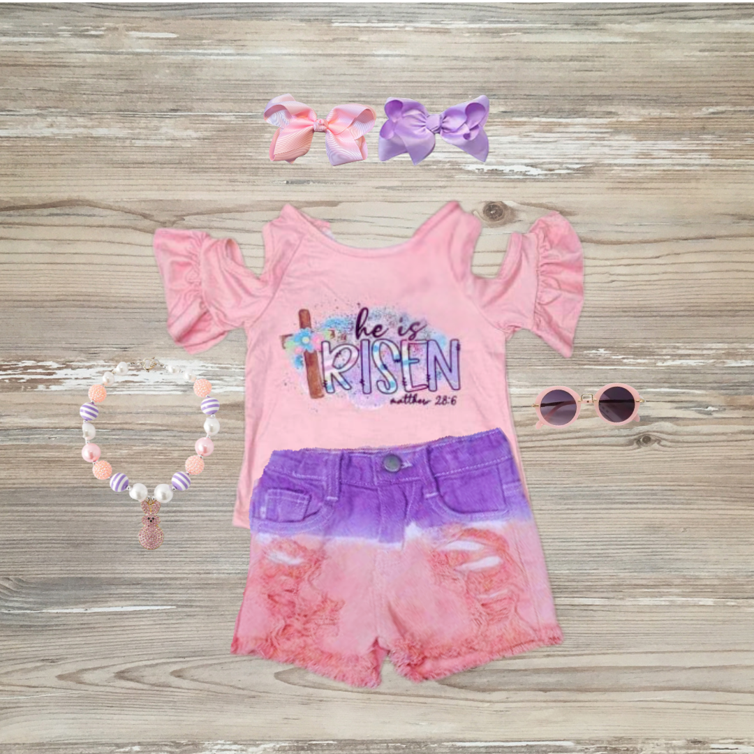 he is risen girls short set, he is risen girls easter outfit, he is risen kids outfit, he is risen Matthew 28:6