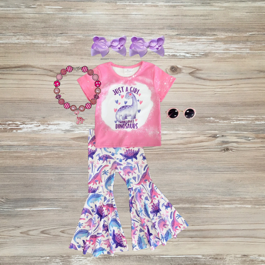 just a girl who loves dinosaurs bell bottom set, just a girl who loves dinosaurs pink and purple outfit, kids boutique clothing