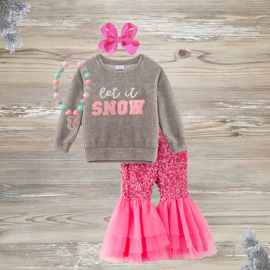 Pink Sequin Let It Snow Bell Bottom Outfit