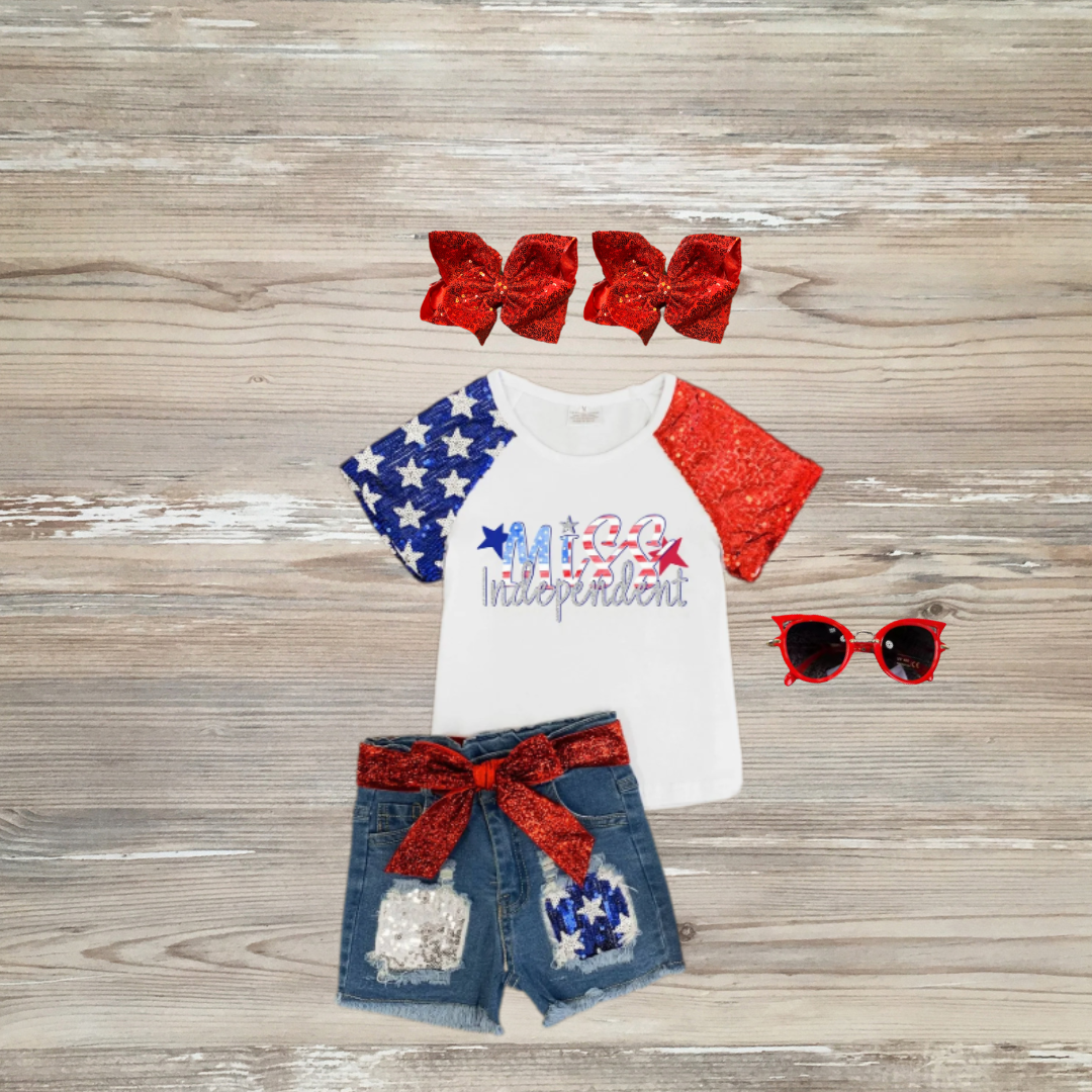 girls miss independent sequin 4th of july outfit, miss america outfit distressed short set sequin short set, kids boutique clothing