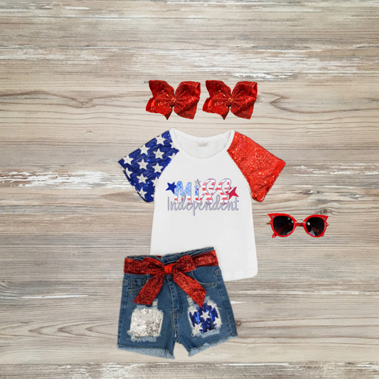 girls miss independent sequin 4th of july outfit, miss america outfit distressed short set sequin short set, kids boutique clothing