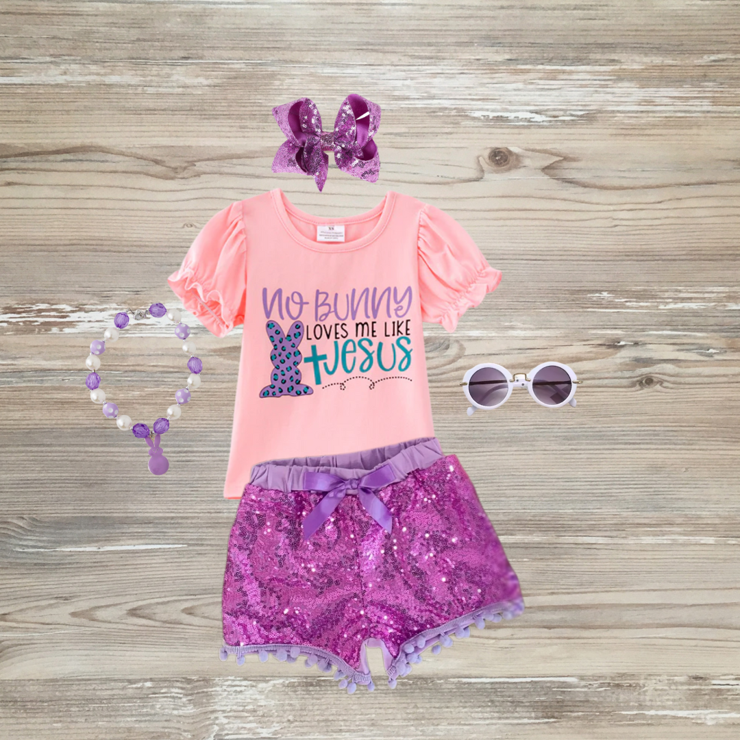 no bunny loves like jesus short set, nobody loves like jesus sequin easter rabbit bunny short set, kids no bunny loves like jesus rabbit