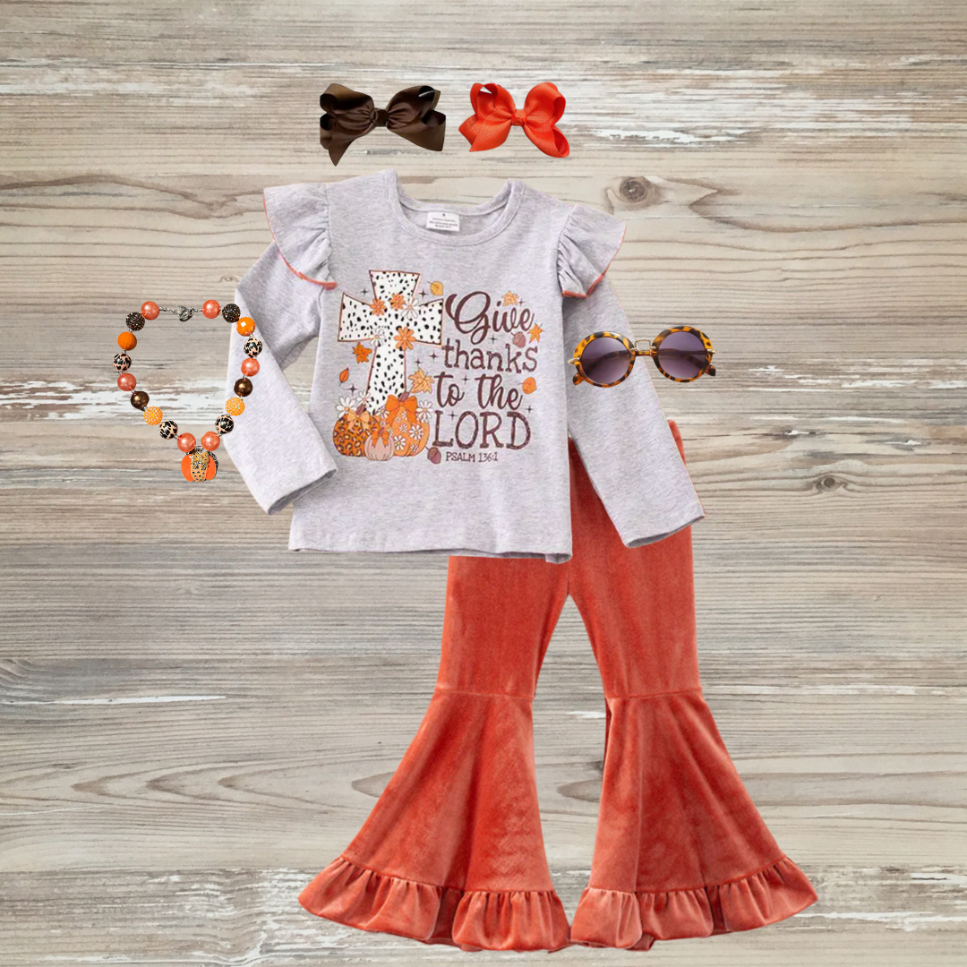 Girls Thanksgiving outfit with Psalm 136:1 give thanks to the lord, kids boutique clothing, fall outfit, bell bottom outfit, thanksgiving church outfit toddler, fall toddler clothes boutique, christian thanksgiving outfit for girls, faith based girls fall outfit