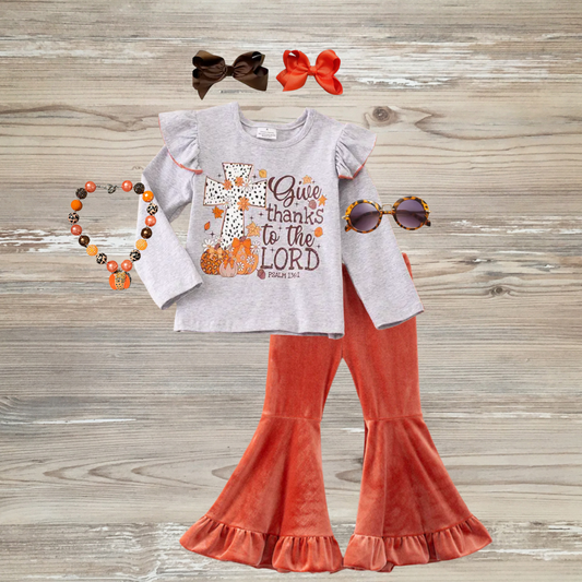 Girls Thanksgiving outfit with Psalm 136:1  give thanks to the lord, kids boutique clothing, fall outfit, bell bottom outfit, thanksgiving church outfit toddler, fall toddler clothes boutique, christian thanksgiving outfit for girls, faith based girls fall outfit