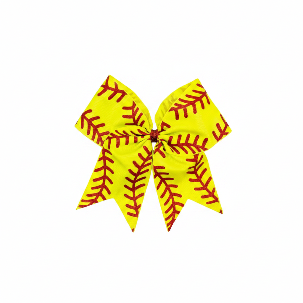 bright yellow oftball cheer bow, softball ponytail holder, girls softball hair accessory, softball team spirit bow, glitter softball bow, yellow and red hair bow, softball game day hair tie, cheerleader softball bow, softball team gift, youth softball accessories, grosgrain ribbon