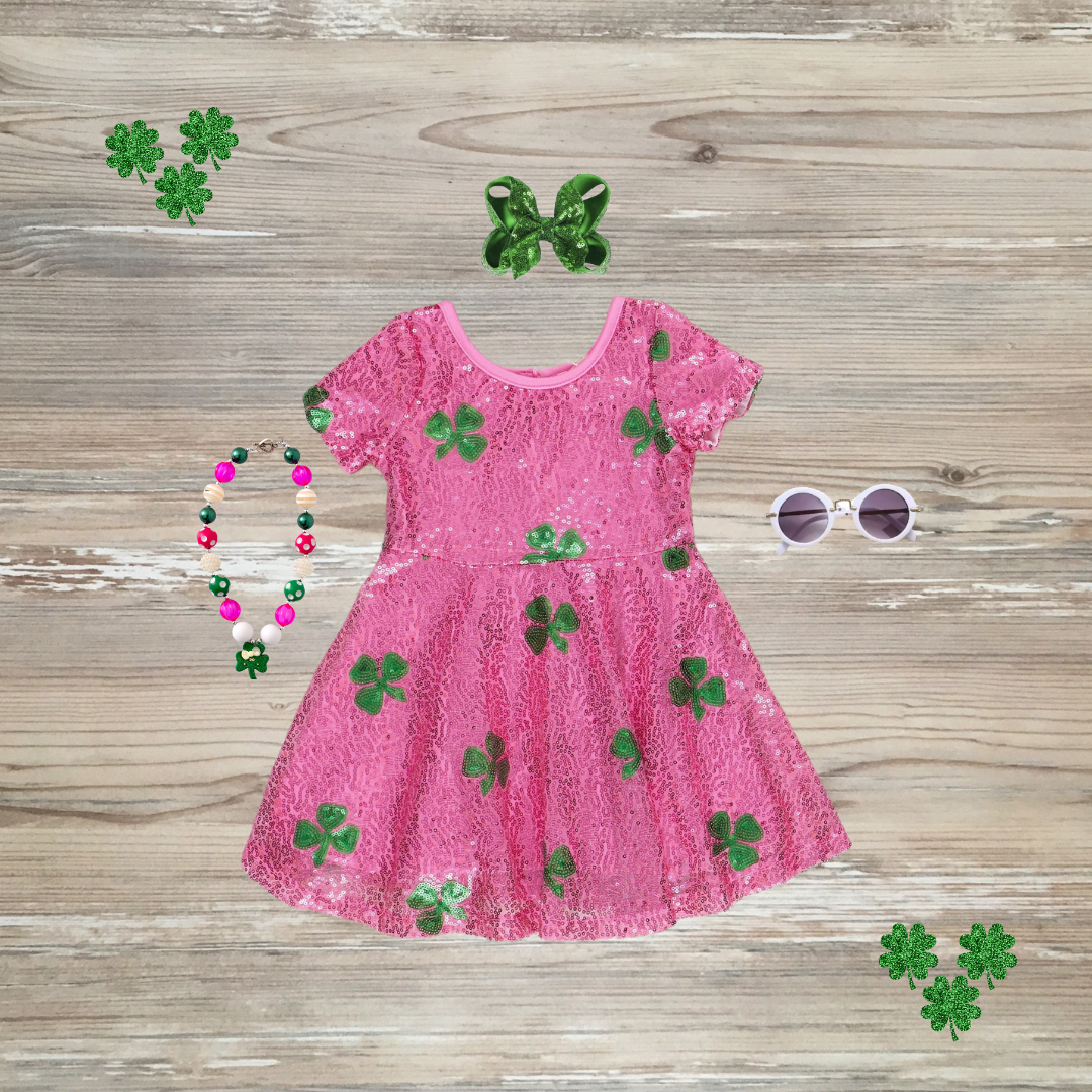 Alpha Kappa Alpha Sorority, African American sorority, black Howard University, Jack and Jill of America, Alpha Kappa Alpha Sorority, pink and green dress, st. patrick day dress, sequin shamrock dress, pink sequin shamrock dress, clover dress, st patrick's day dress girls dress, kids dress, salmon pink and apple green