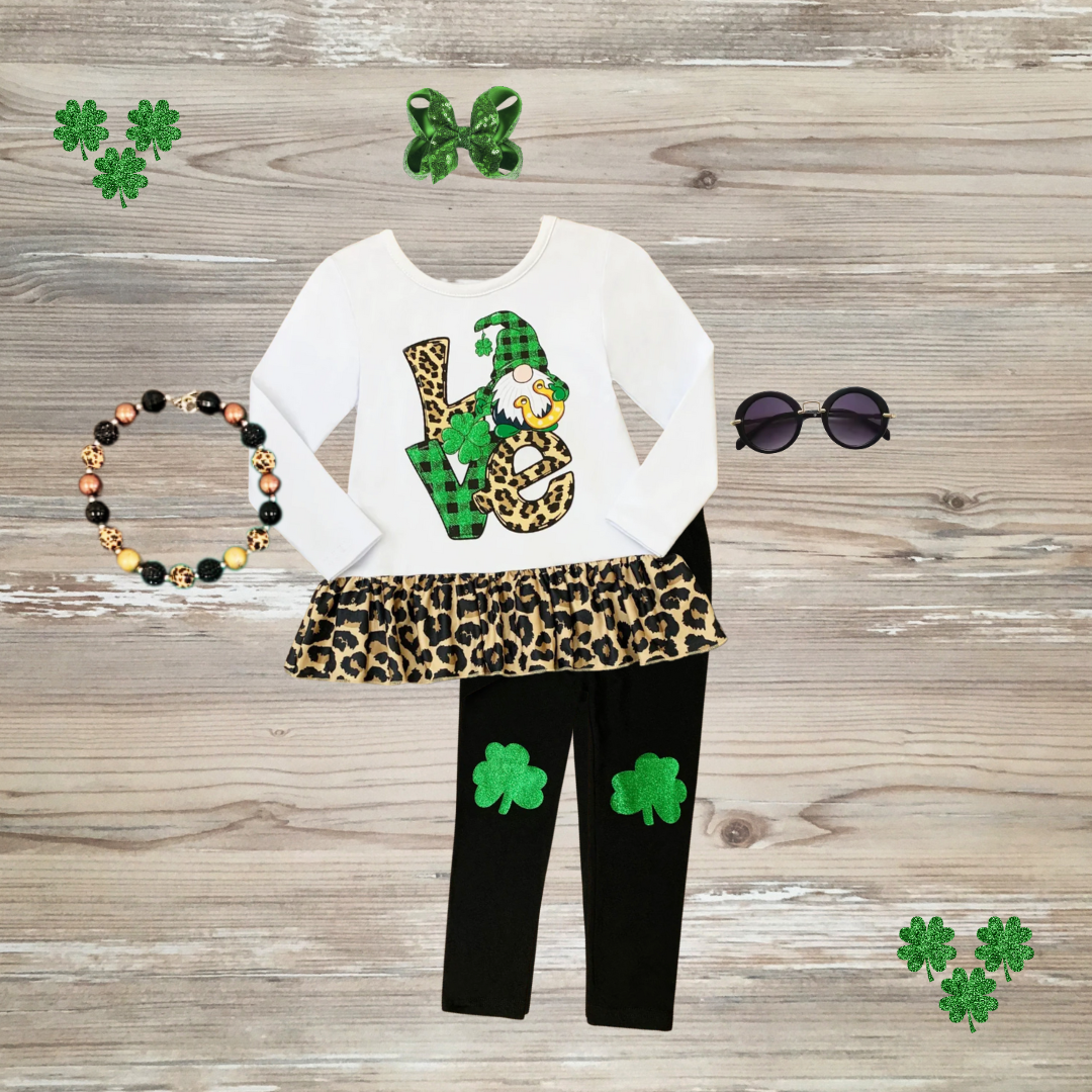 love st patricks gnome, girls kids st patrick's outfit,, Leprechaun Love Patched Legging Set, st paddy's day girls outfit, st patty's day kids outfit