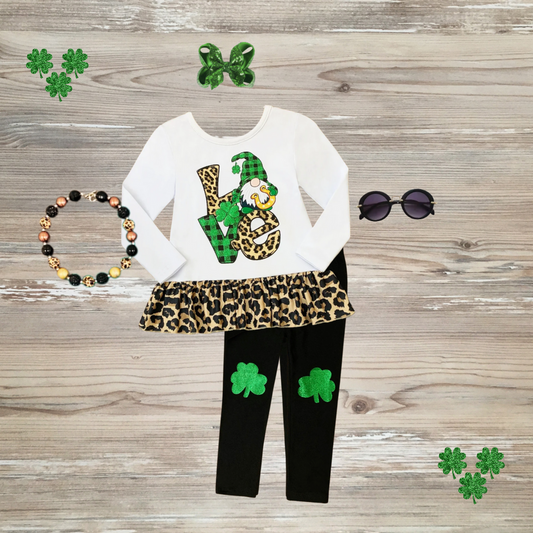 love st patricks gnome, girls kids st patrick's outfit,, Leprechaun Love Patched Legging Set, st paddy's day girls outfit, st patty's day kids outfit