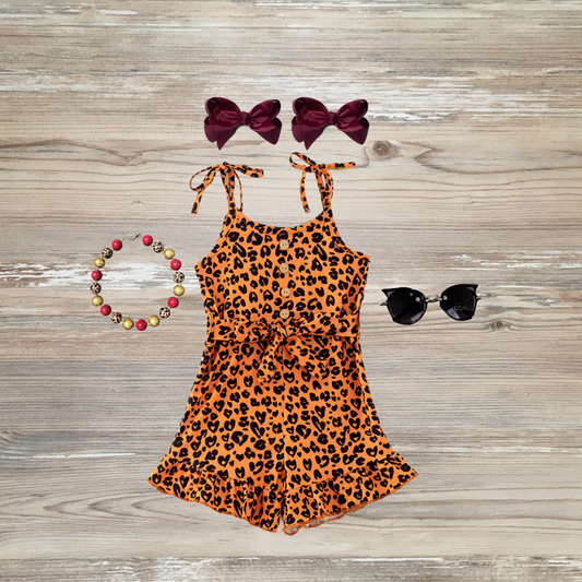 leopard print romper ruffles, girls leopard jumpsuit, kids leopard jumpsuit, trending summer and spring jumpsuits, kids boutique clothing