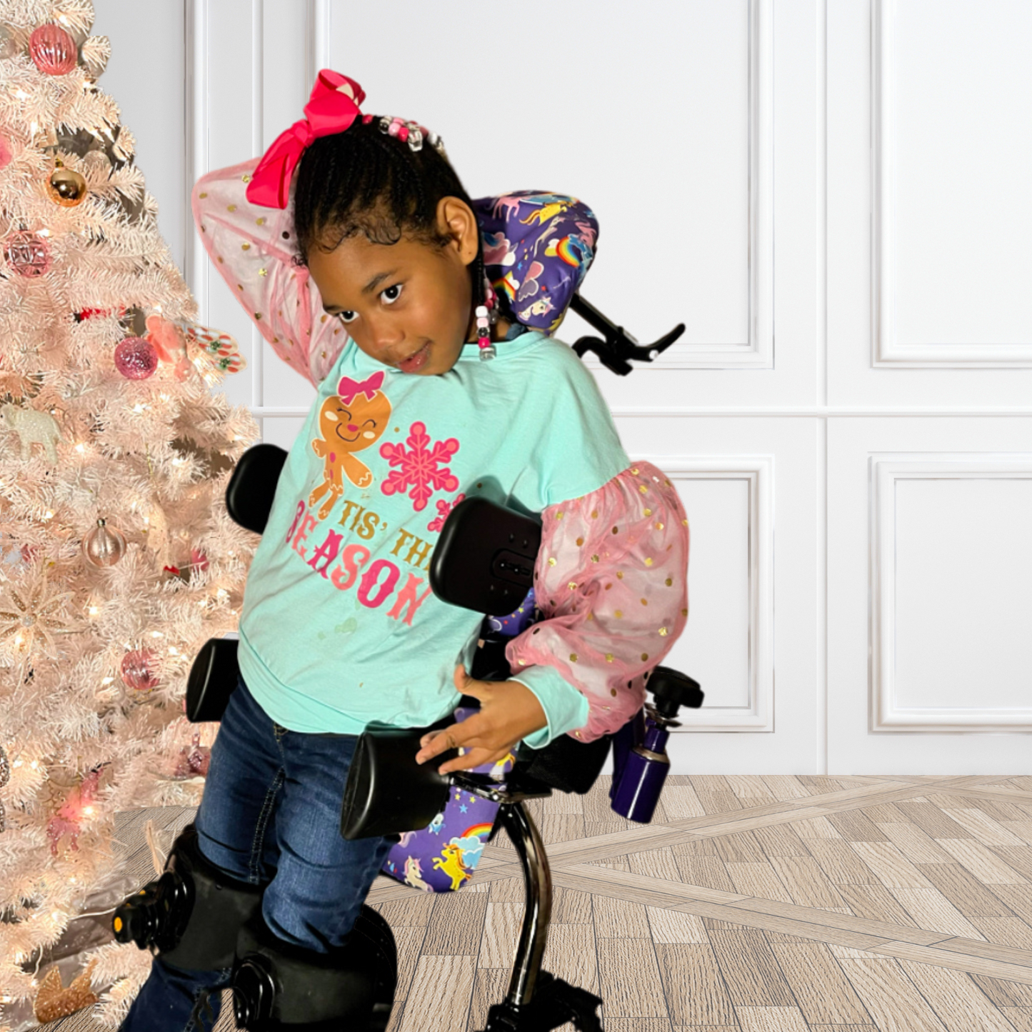 gingerbread girl christmas top, kids chritstmas top kids christmas shirt, gingerbread girl, kids christmas clothing, disability awareness, cerebral palsy