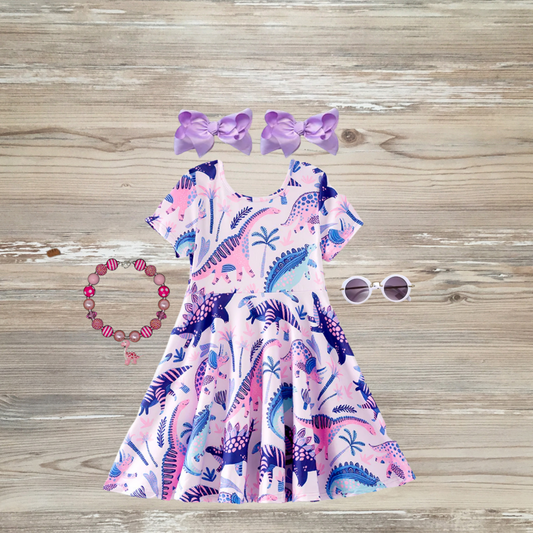 girls dinosaur dress, tropical purple and pink dinosaur dress for kids trending kids boutique, dino dress girls dress