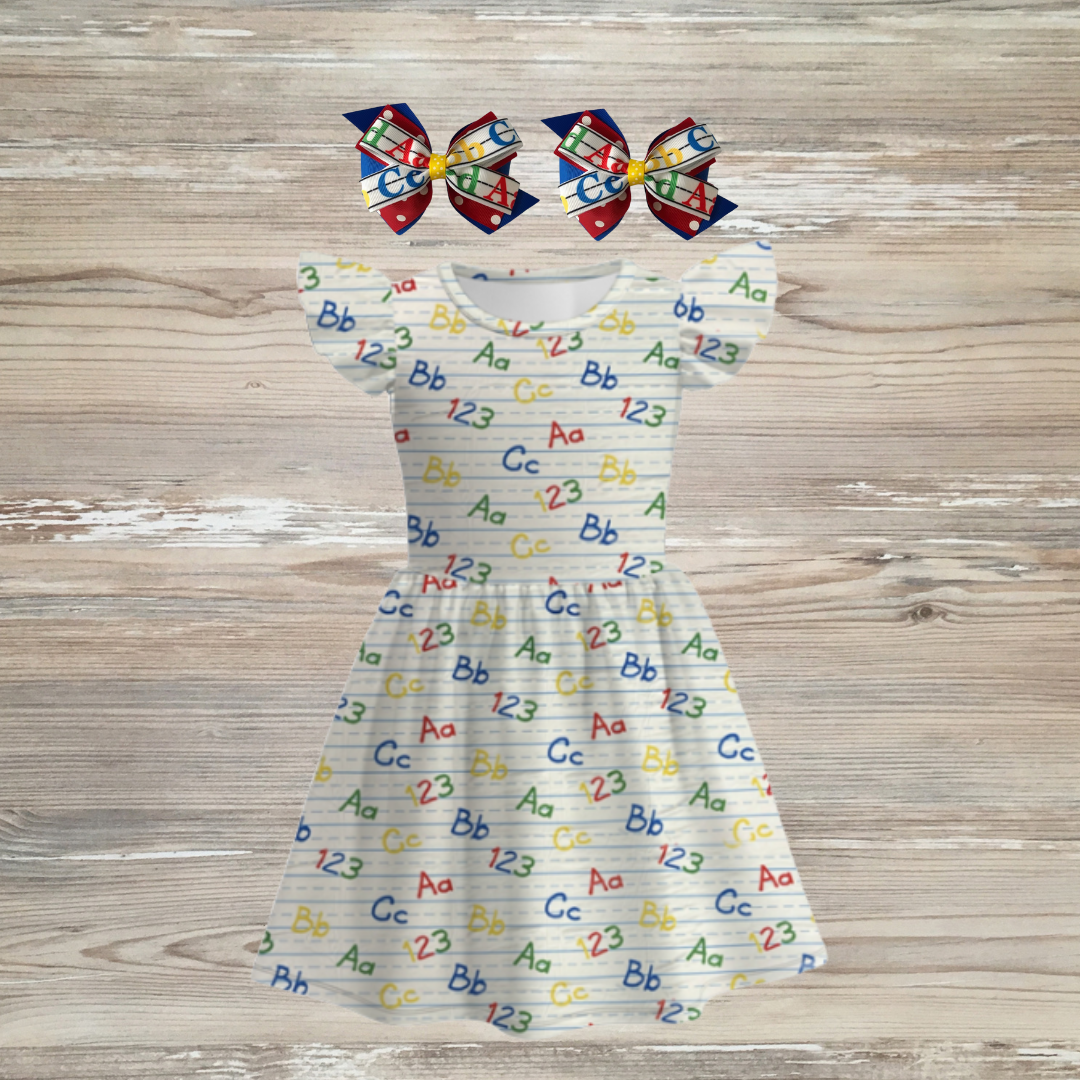 Dress with alphabet pattern abc 123 dress, back to school dress, alphabet girl dress, abc 123 girls dress, notebook dress, Girls back-to-school dress featuring colorful ABC and 123 handwriting print on lined background with flutter sleeves – ideal for preschool and kindergarten first day outfits