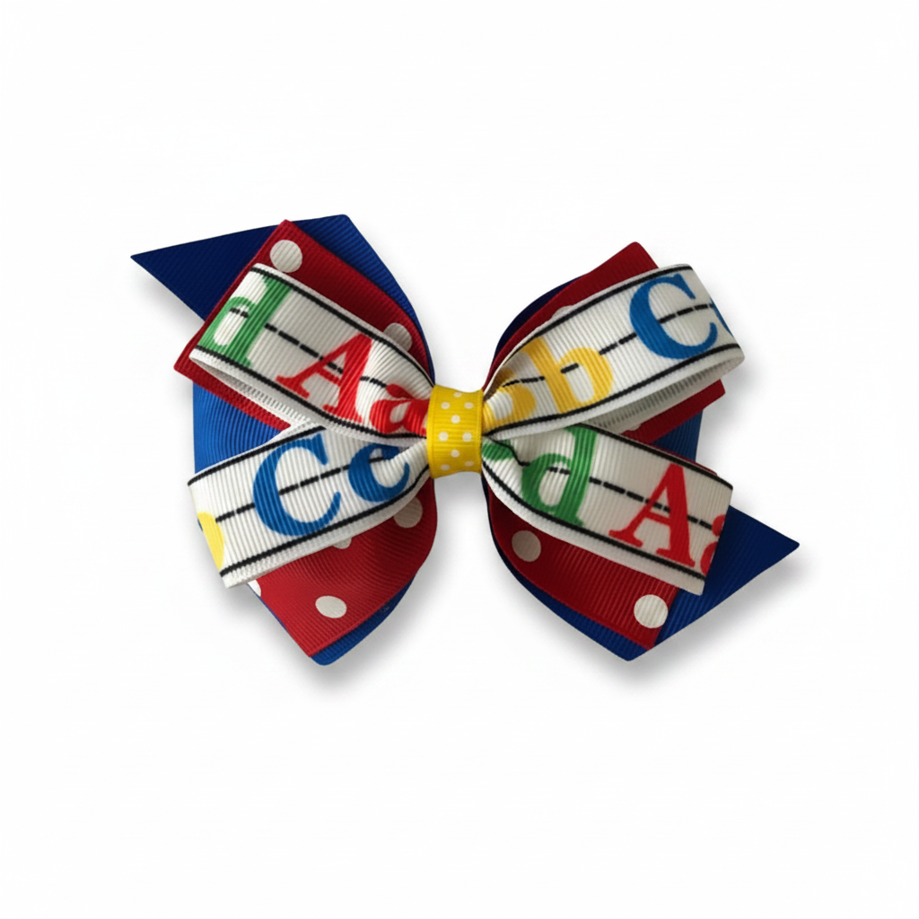 back to school hair bow, ABC hair bow for girls, girls school hair accessory, alphabet bow for toddler, preschool bow, teacher theme bow, kindergarten hair bow, Colorful girls hair bow with layered ribbon featuring A, B, C alphabet letters on handwriting lines, red polka dot ribbon, and yellow center – perfect back-to-school accessory for toddlers and kids