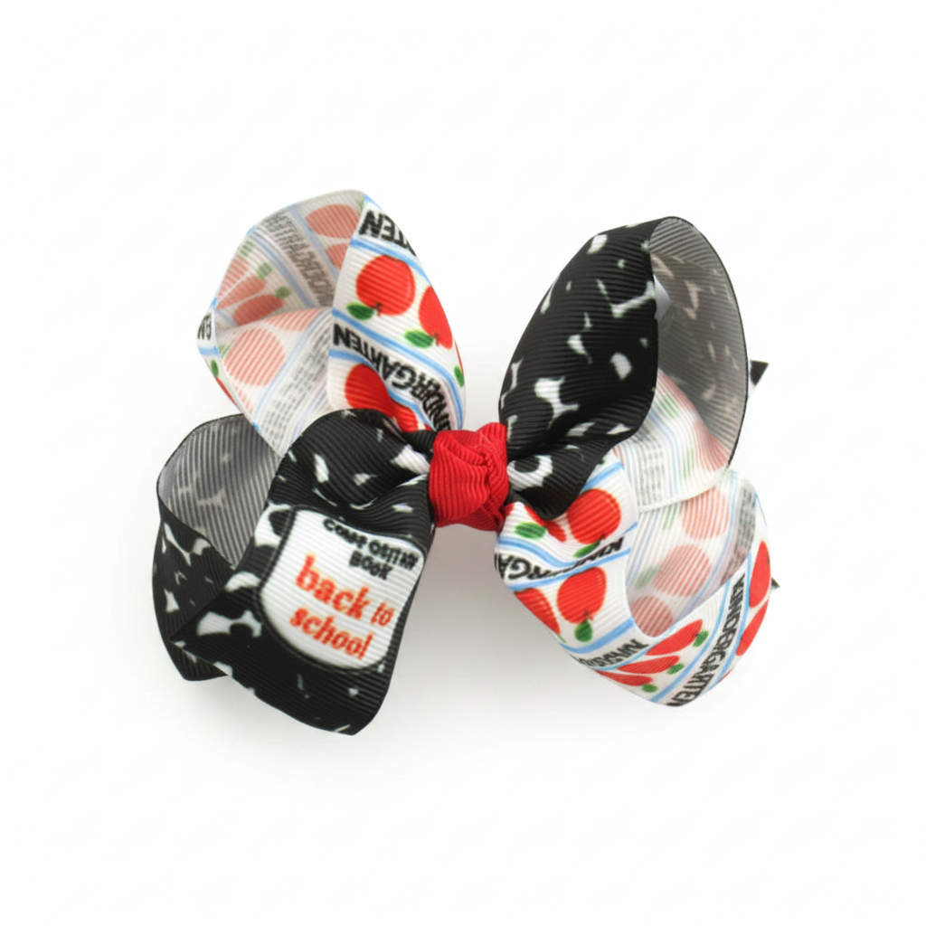 Colorful kids back-to-school bow with apples, notebook paper, and black composition print, red accented Colorful kids back-to-school bow with apples, notebook paper, and black composition print, grosgrain ribbon bow, girls back to school hair clip