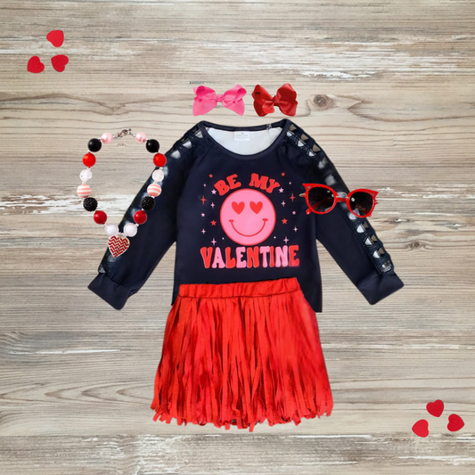 be my valentine girls skirt set, girls valentine fringe skirt set, girls valentine's day outfit, be my valentine kids valentine day outfit
