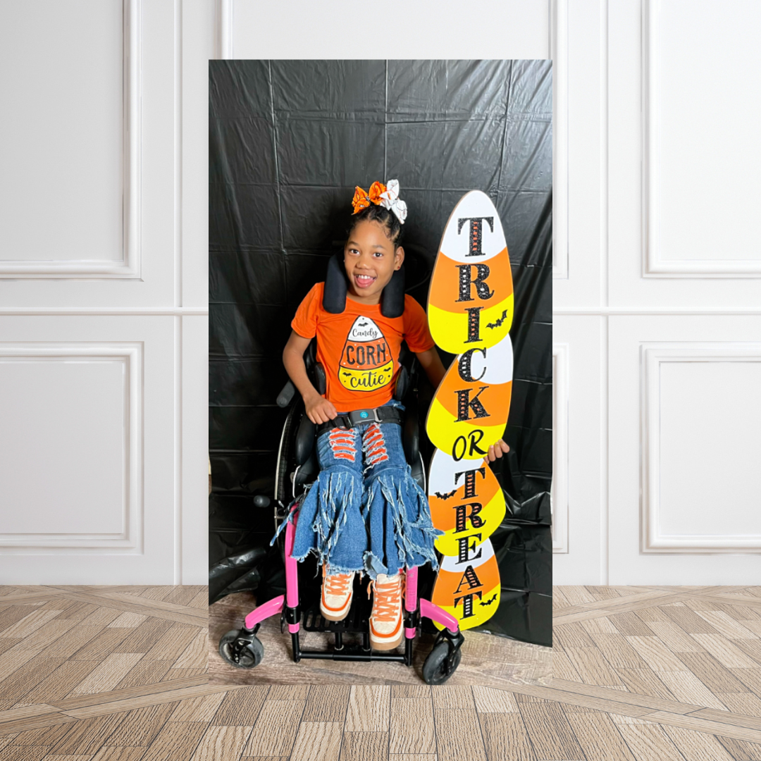 candy corn cutie shirt, candy corn cutie halloween top halloween clothing disability awareness, kid wheelchair user, kids with cerebral palsy cp, girls halloween shirt, boutique