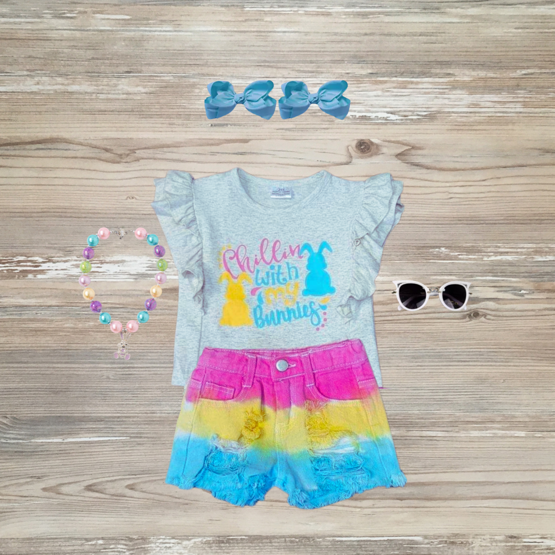 tie-dye girls kids easter short set, sparkle in pink, chillin with my peeps outfit easter outfit shorts set bunny peeps bunnies