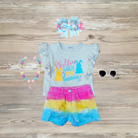 tie-dye girls kids easter short set, sparkle in pink, chillin with my peeps outfit easter outfit shorts set bunny peeps bunnies