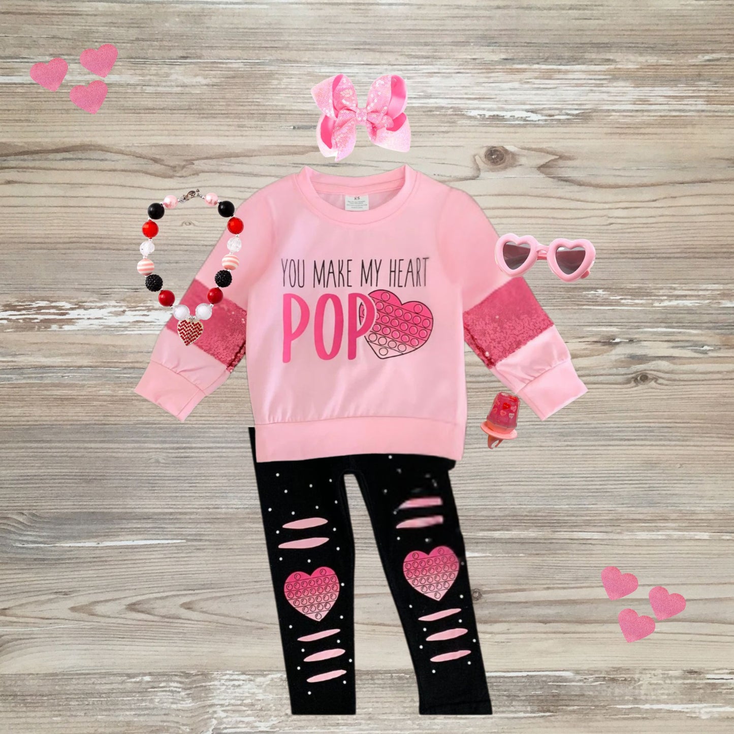 pop it valentines design, you make my heart pop leggings set, girls valentines outfit, kids valentnes day wear