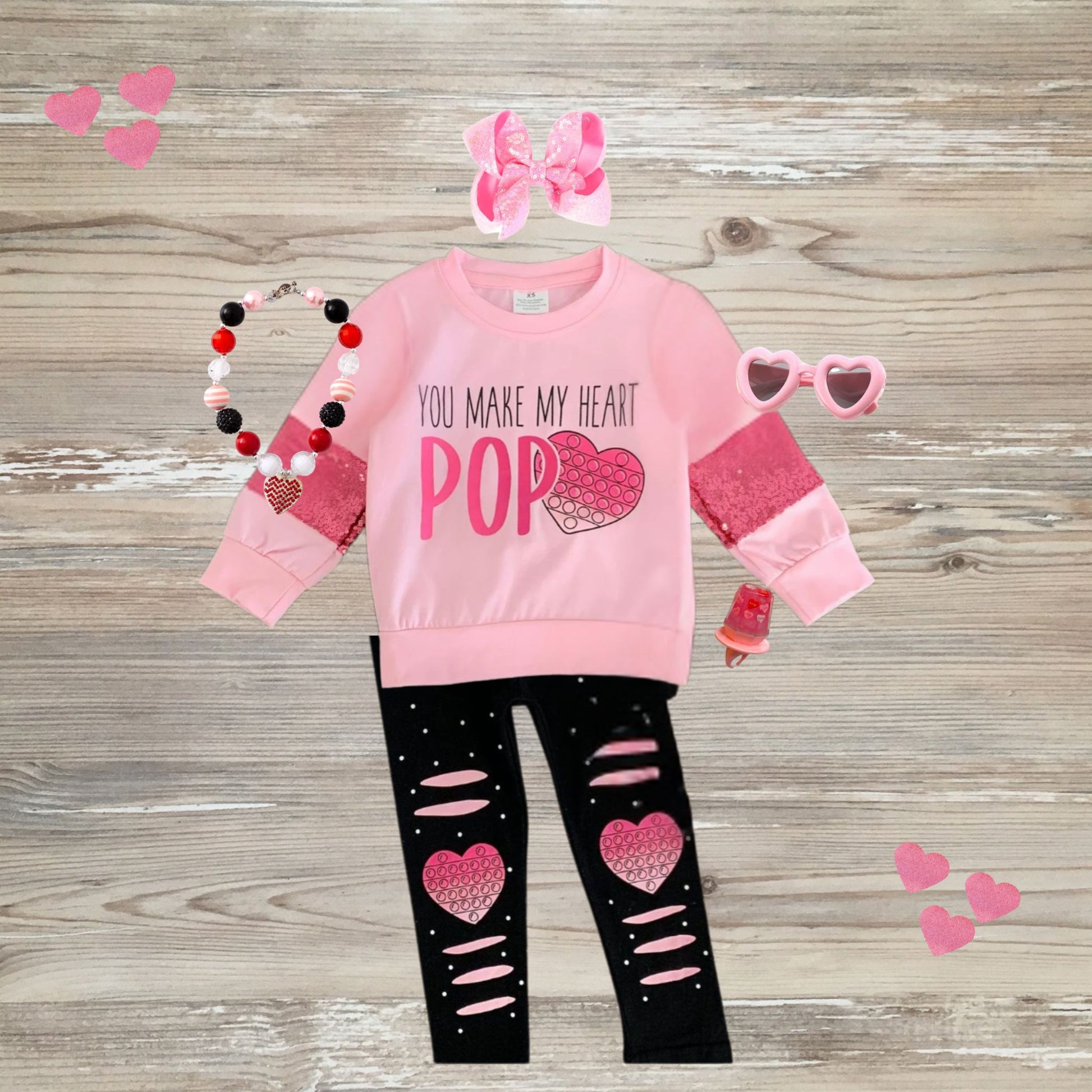 pop it valentines design, you make my heart pop leggings set, girls valentines outfit, kids valentnes day wear