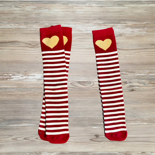 Red and white striped knee-high socks with a yellow heart design near the top valentine day socks, girls heart socks, girls valentine's day socks, knee high socks, girls boutique socks, girls holiday socks