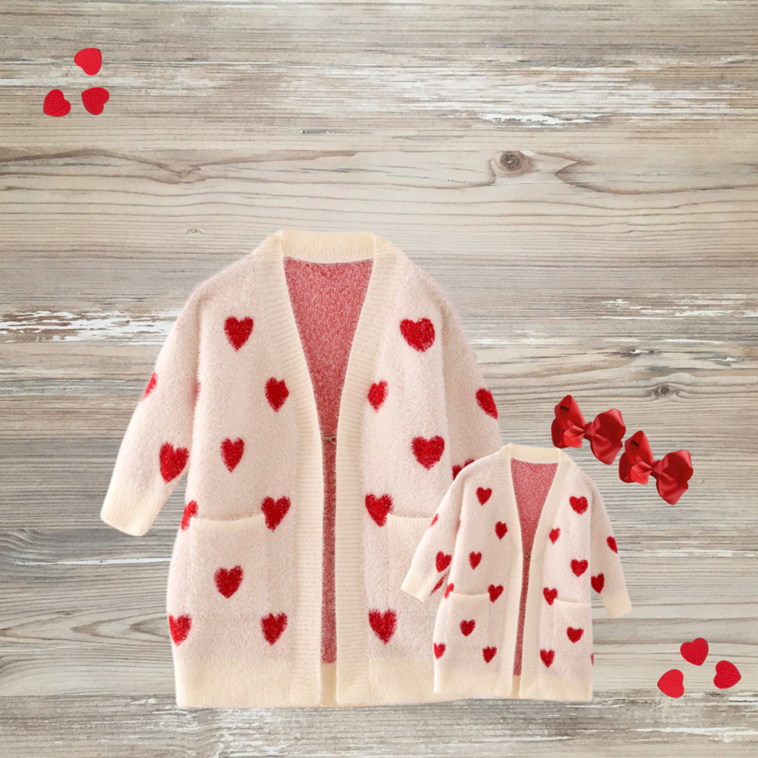 mommy and me valentine heart cardigan, mommy and me matching cardigans, mommy and me heart cardigan red heart