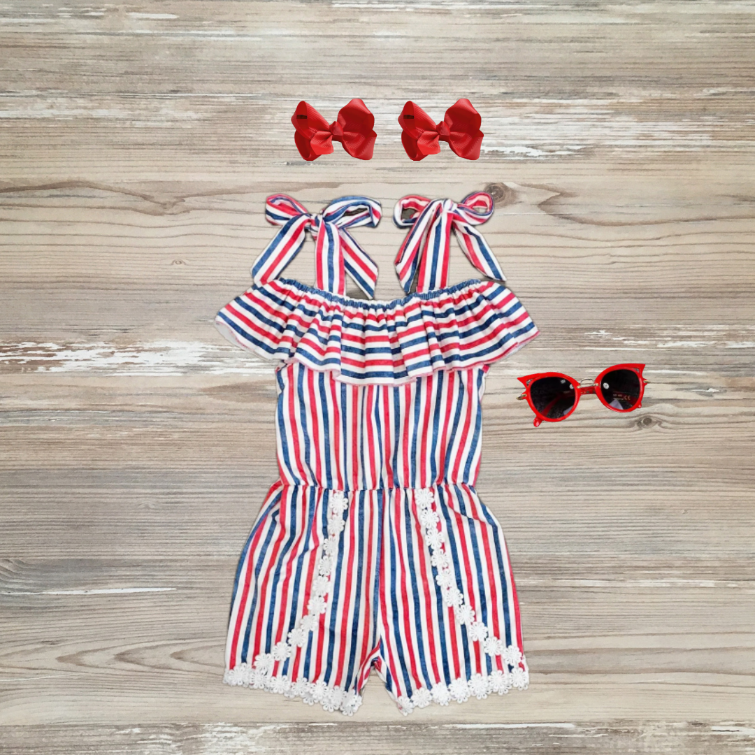 red white and blue tie romper, patriotic jumpsuit, red white and blue jumpsuit,  girls 4th of july outfit, girls labor day outfit girls memorial day outfit stripe jumpsuit, kids boutique clothing, disability awareness