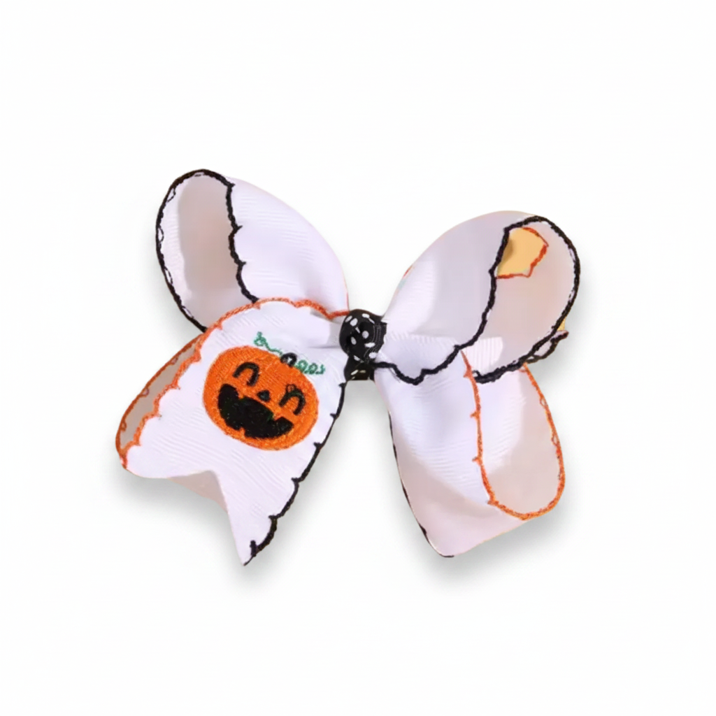 girl's halloween boutique hair bows, pumpkin and spider moonstitch hair bows for girls