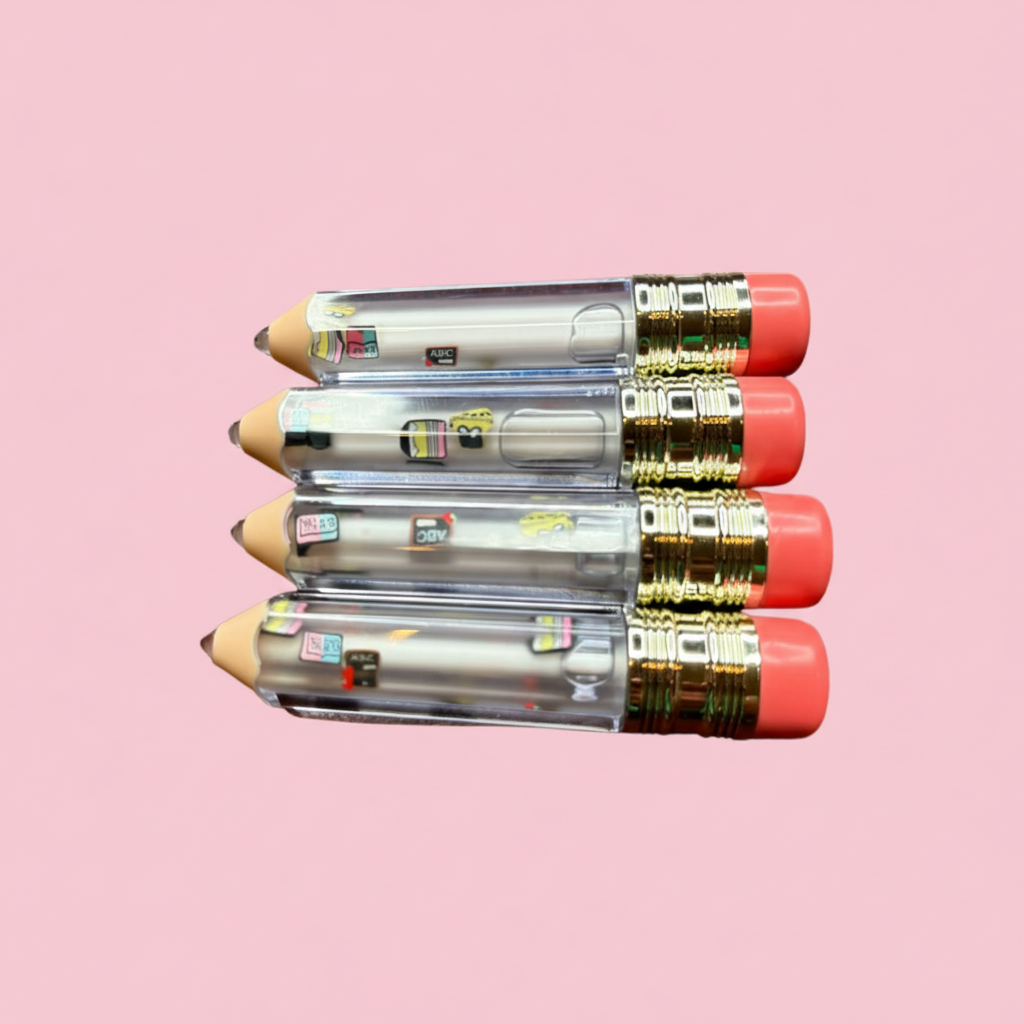 School Days' lip gloss tubes shaped like pencils with red eraser tops, featuring mini school-themed charms inside such as books, calculators, and buses. kid's lip gloss for girls, teacher appreciation gift, lip gloss for school gifts, stocking stuffers