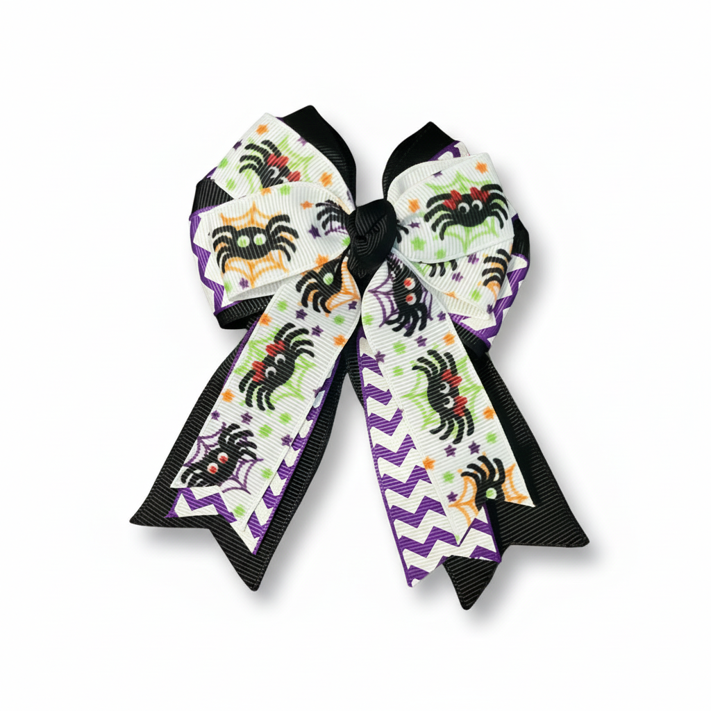 Halloween-themed decorative bow with spider design Girls Halloween hair bow with smiling spider and spider web design, purple chevron pattern, and black ribbon trim Girls Halloween boutique bow