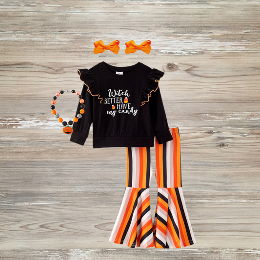 candy corn outfit, halloween clothes, girls halloween clothes, candy corn cutie, fall halloween outfit bell bottoms set, kids boutique clothes, Girls Halloween clothes, Witch better have my candy outfit, Halloween bell bottom set, Halloween toddler fashion, Girls Halloween pant set, Cute Halloween outfit for girls, Candy corn outfit toddler, Halloween shirt and pants set, Fall toddler clothes, Girls Halloween costume alternative