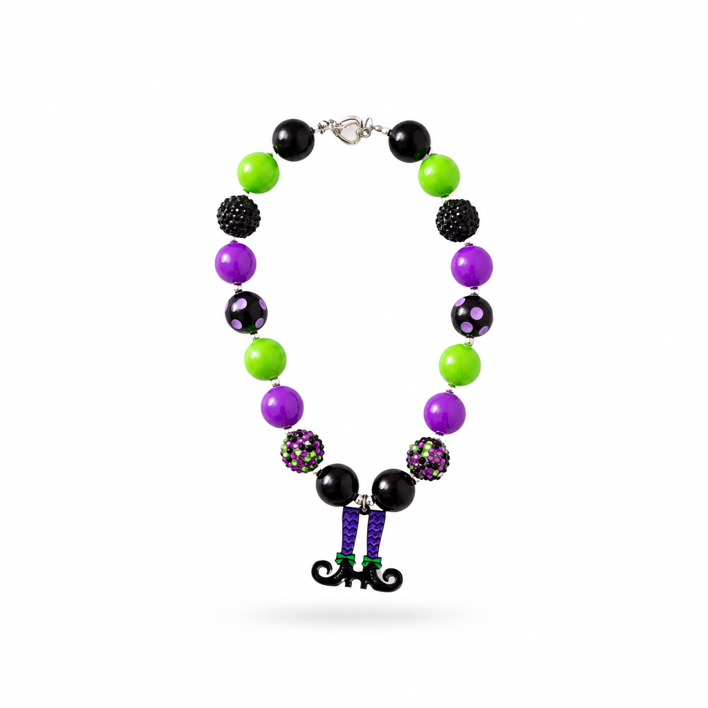 girls bubblegum necklace, halloween necklace for girls, kids online boutique, kids boutique accessories, kids halloween jewelry and accessories, purple and green halloween, Halloween chunky necklace Girls bubblegum necklace, Boo basket stuffer, Rhinestone bubblegum beads, Kids Halloween jewelry, Toddler witch costume accessory, Witch legs necklace
Toddler witch costume accessory, Trick or treat jewelry, Halloween photo prop necklace, Purple green black bead necklace, Spooky season toddler necklace