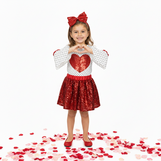 girls in a stylish Valentine's Day outfit with red glitter skirt and heart design top, sequin red valentine's day girls outfit trendy, kids boutique clothing, stylish red sequin skirt and white long-sleeve polka dot top with heart design, online kids boutique