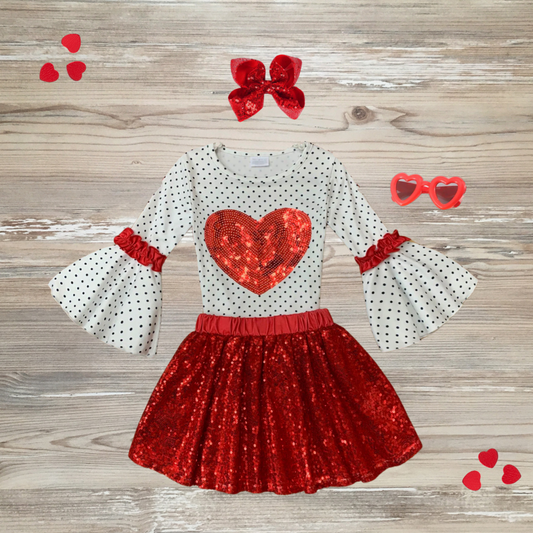 sequin valentine's day skirt set, girls kids valentine skirt set, sequin valentine's day outfit