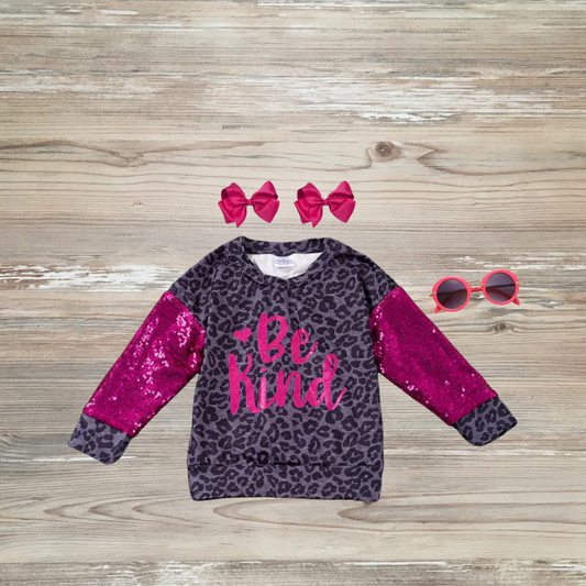 be kind sweatshirt, be kind top, be kind girl's top, be kind sequin sleeves, be kind day, boutique clothing, kids boutique clothes