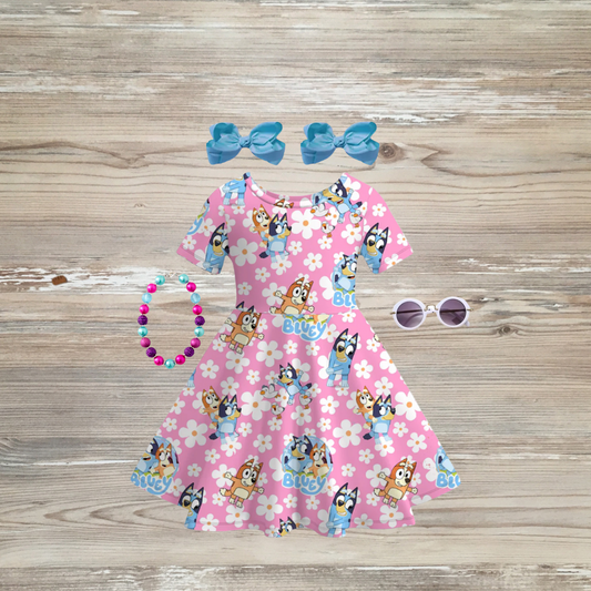 bluey dress, bluey spring dress, bluey the dog summer dress, bluey and sister pink dress