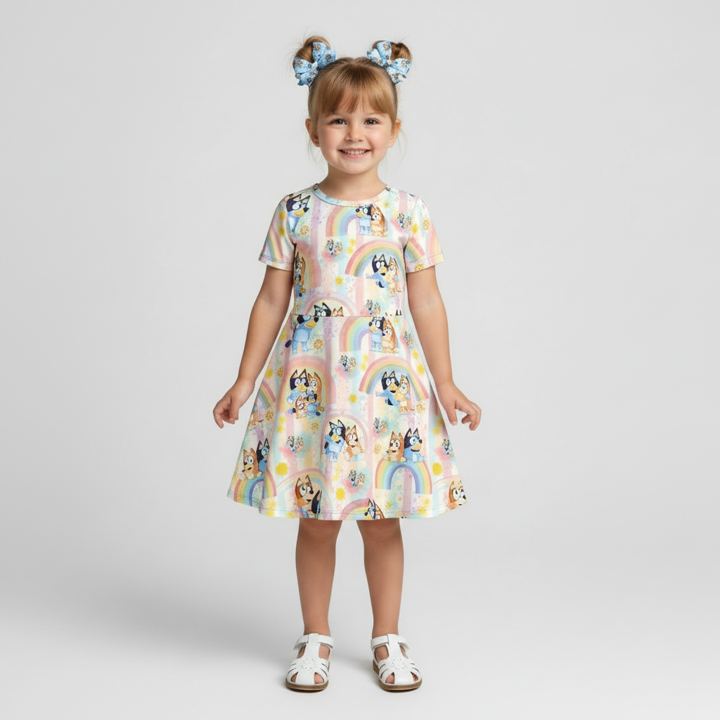 bluey girls spring rainbow twirl dress, bluey and bingo dress for summer and spring, Girls short sleeve twirl dress featuring Bluey and Bingo character print with rainbows and pastel pink stripes, kids online boutique clothing, baby and kids boutique clothing, cartoon character kids clothing dresses