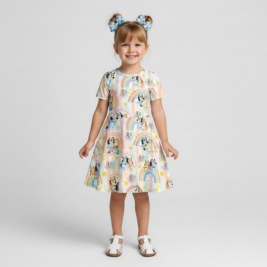 bluey girls spring rainbow twirl dress, bluey and bingo dress for summer and spring, Girls short sleeve twirl dress featuring Bluey and Bingo character print with rainbows and pastel pink stripes, kids online boutique clothing, baby and kids boutique clothing, cartoon character kids clothing dresses