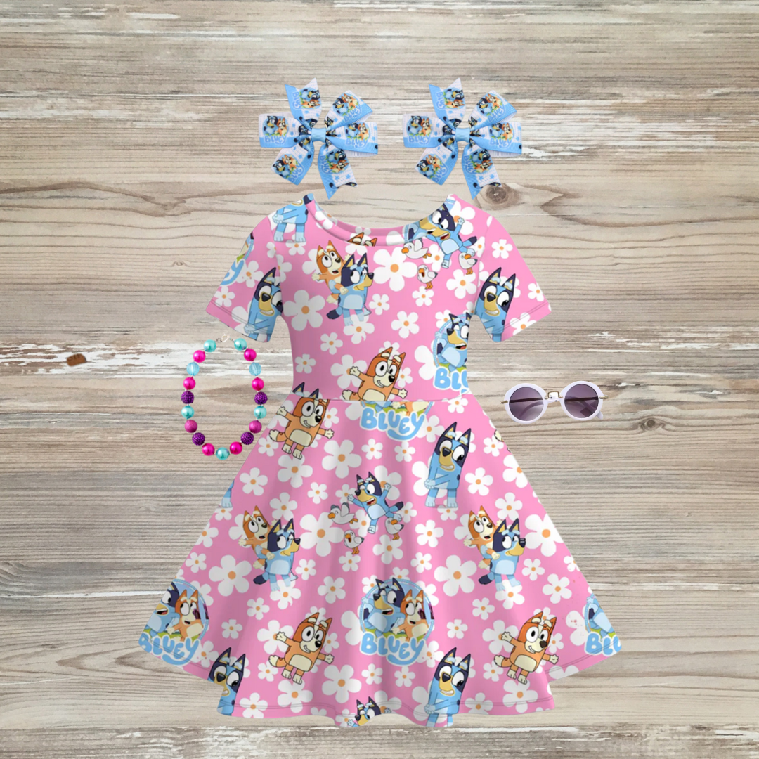 bluey cartoon girls dress bluey kids dress, bluey and friends dress for girls , Girls pink Bluey character dress with floral print, matching character hair bows, pink and purple beaded bracelet, and round white sunglasses – perfect toddler outfit for playdates or themed parties"
