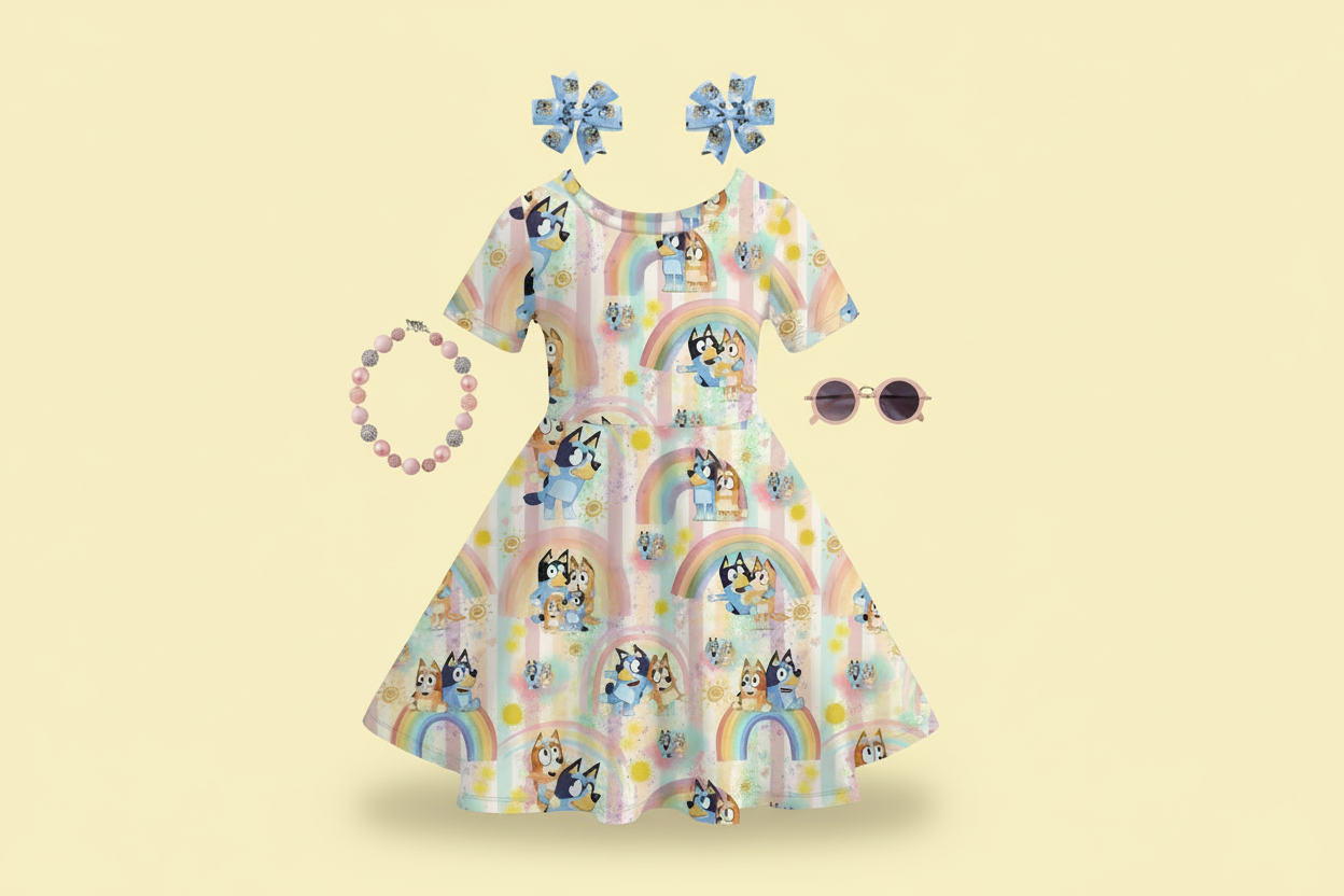 bluey girls spring rainbow twirl dress, bluey and bingo dress for summer and spring, Girls short sleeve twirl dress featuring Bluey and Bingo character print with rainbows and pastel pink stripes, kids online boutique clothing, baby and kids boutique clothing, cartoon character kids clothing dresses