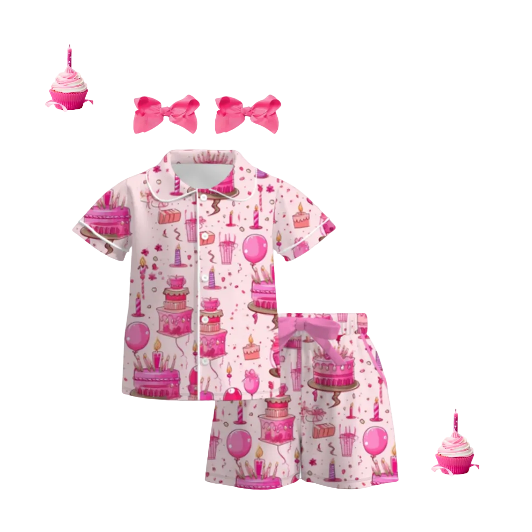 kid's birthday pajamas girls birthday pjs summer pjs birthday party sleepover pj slumber party pajamas, Pink girls' birthday pajama set with cake, candles, and confetti print, girl's pj sleepover girl's birthday party slumber party, girl's tee pee birthday party, online kids boutique clothing