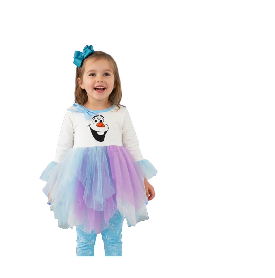 Child in a Frozen-themed dress with a Disney ice show in the background, frozen outfit, Olaf, christmas outfit, frozen snowman, disney frozen outfit, kids christmas clothes, girls christmas clothes, girls christmas outfit frozen cartoon character, disney on ice outfit, disney on ice disney on ice frozen