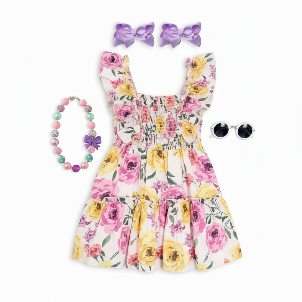 faith floral chiffon pastel dress, girls spring dress, kids boutique smoked dress, spring dress for kids, summer dresses for kids trending, girl's online boutique clothing 