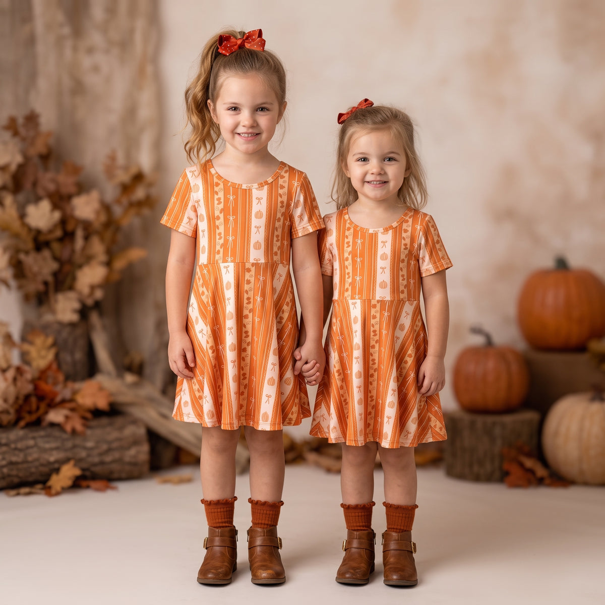 all things fall, girls fall dress, pumpkin bow fall dress, kids online boutique store, kids online boutique clothing, fall coquette dress, pumpkin fall coquette dress, fall dresses for girls, pumpkin spice dress, autumn dress for girls, Girls Fall Dress, Fall Twirl Dress, Pumpkin Patch Outfit, Thanksgiving Dress for Girls, Boutique Kids Clothing, Fall Toddler Dress, Coquette Fall Dress, Pumpkin and Bow Dress, Orange Striped Twirl Dress, Short Sleeve Dress, Kids Dress, Autumn Boutique Dress