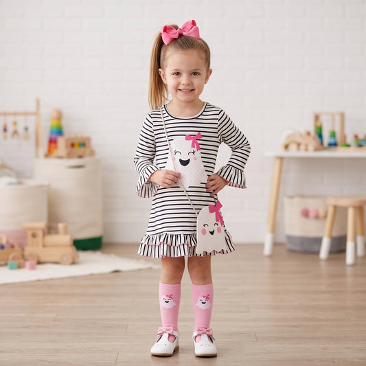 cute ghost dress, girls hallowen dress, halloween clothing, spooky but cute, kids ghost dress, too cute to spook, online kids boutique clothing, girl's halloween dress